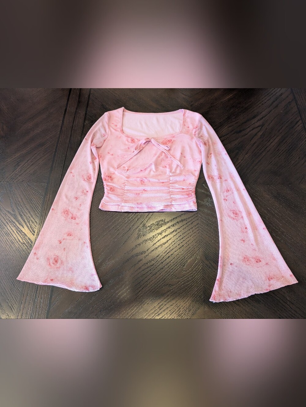 Pink Floral Tie-Front Long Sleeve Crop Top